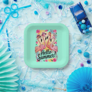 Assiettes En Carton Bonjour l'été Mignon Flamant Rose Vacances Tropica