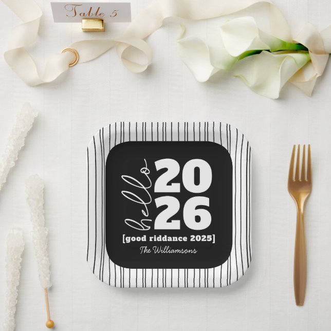 Assiettes En Carton Bonjour Nouvel An Gras Noir Blanc Personnalisé Nom (Mariage)