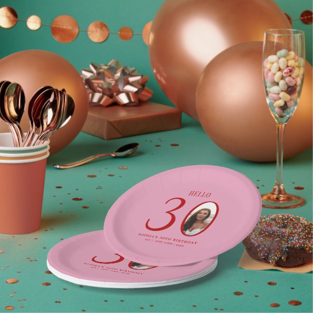 Assiettes En Carton Bonjour Trente rose et rouge Photo 30e anniversair (Multi)