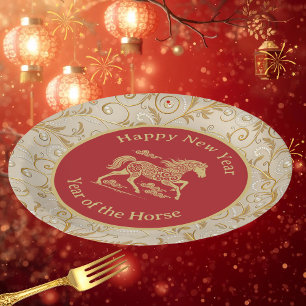 Assiettes En Carton Bonne année chinoise du Cheval Élégant Or Rouge 
