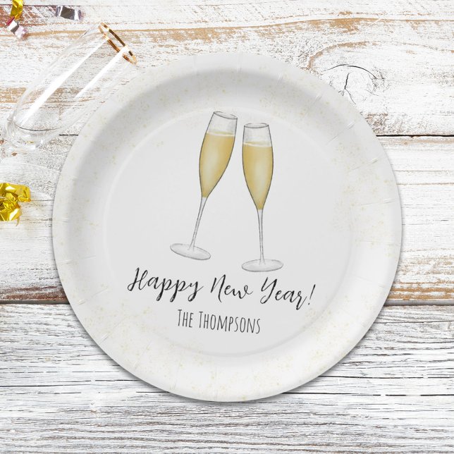 Assiettes En Carton Bonne fête du Nouvel An Champagne Aquarelle Or (New Year's Eve holiday watercolor whimsical champagne flutes paper plate.)