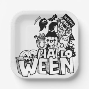 Assiettes En Carton Bonne Halloween mignonne Doodle Citrouille Chat ma