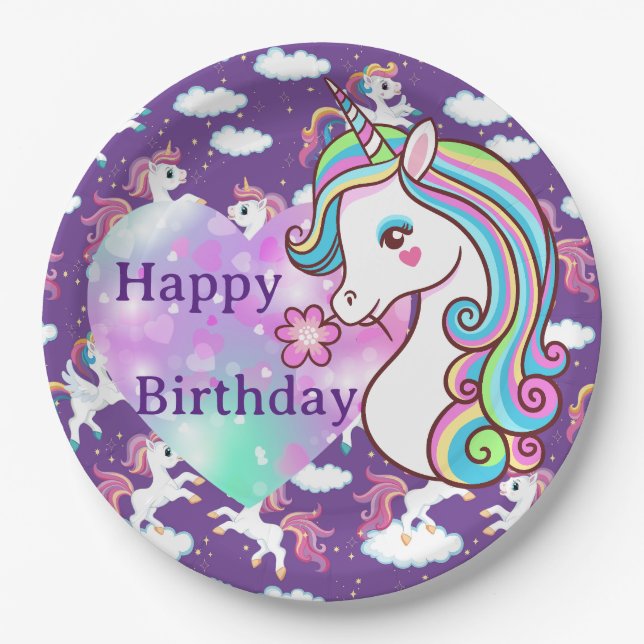 Assiettes En Carton Bonne licorne d'anniversaire (Devant)