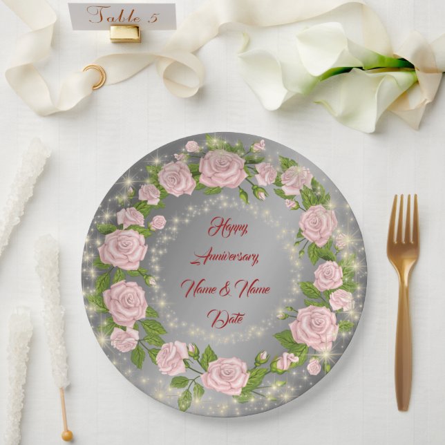 Assiettes En Carton Bonne Personnaliser Anniversaire du Rose Silver (Mariage)