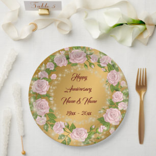 Assiettes En Carton Bonne Personnaliser Gold Rose Anniversaire