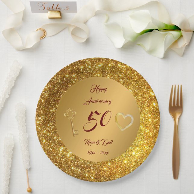 Assiettes En Carton Bonne Personnaliser Love Gold 50e anniversaire (Mariage)