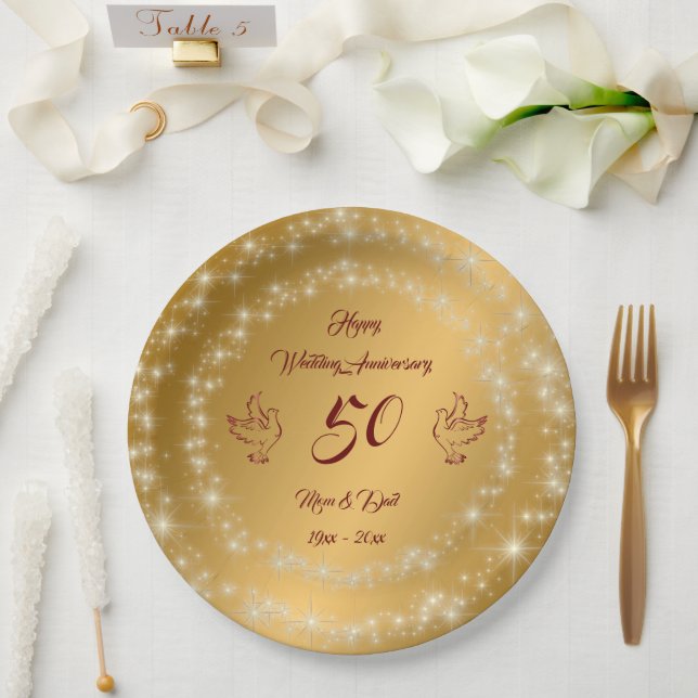 Assiettes En Carton Bonne Personnaliser parkly Gold 50e anniversaire (Mariage)