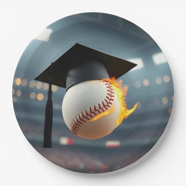 Assiettes En Carton Bonnet de fin d'études sur un baseball flamboyant (Devant)