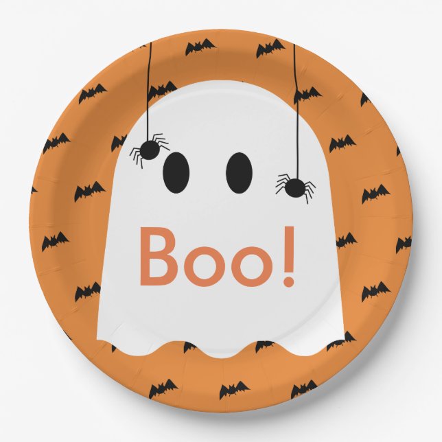 Assiettes En Carton Boo ! Halloween Fantôme et chauves-souris Plaque e (Devant)