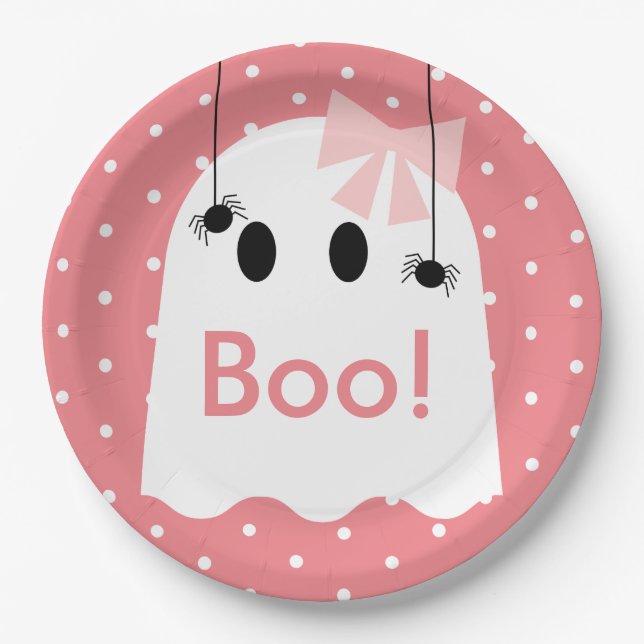 Assiettes En Carton Boo ! Halloween Ghost GIrl Ribbon mignon rose (Devant)