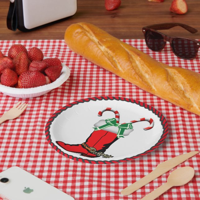 Assiettes En Carton Boot Cowboy De Noël Occidental Avec sucres de cann (Pique-nique)