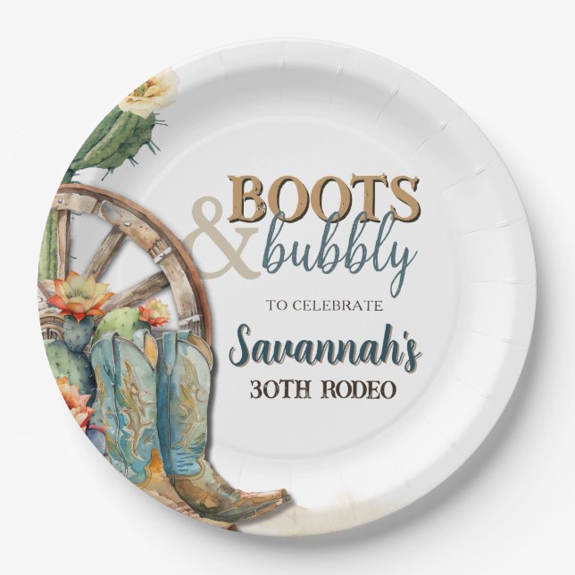 Assiettes En Carton Boots et Bubbly Rodeo Cowgirl Occidentale Annivers (Devant)