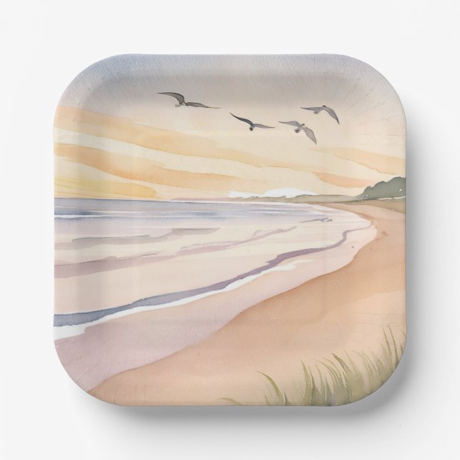 Assiettes En Carton Bord de l'océan | Peinture à l'aquarelle lumineuse (Recto)