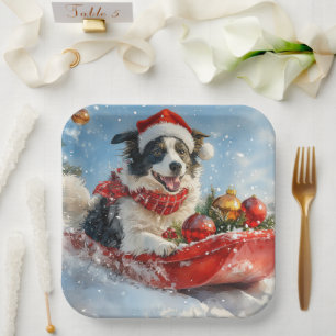 Assiettes En Carton Bordure Collie Chien dans la corniche Laisser neig