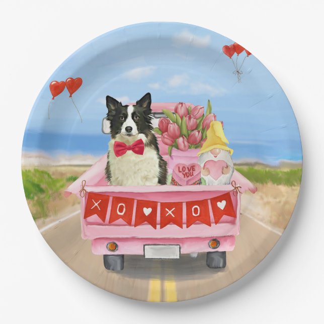 Assiettes En Carton Bordure Collie Chien Saint Valentin Coeurs de cami (Devant)