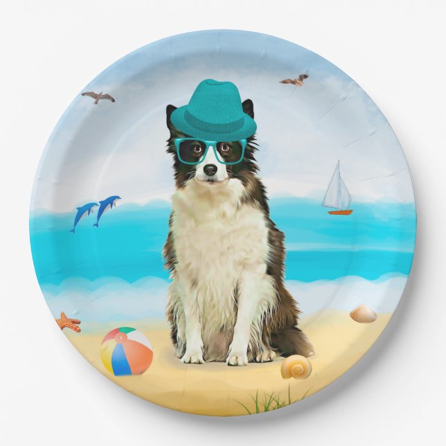 Assiettes En Carton Bordure Collie Dog sur la plage (Devant)