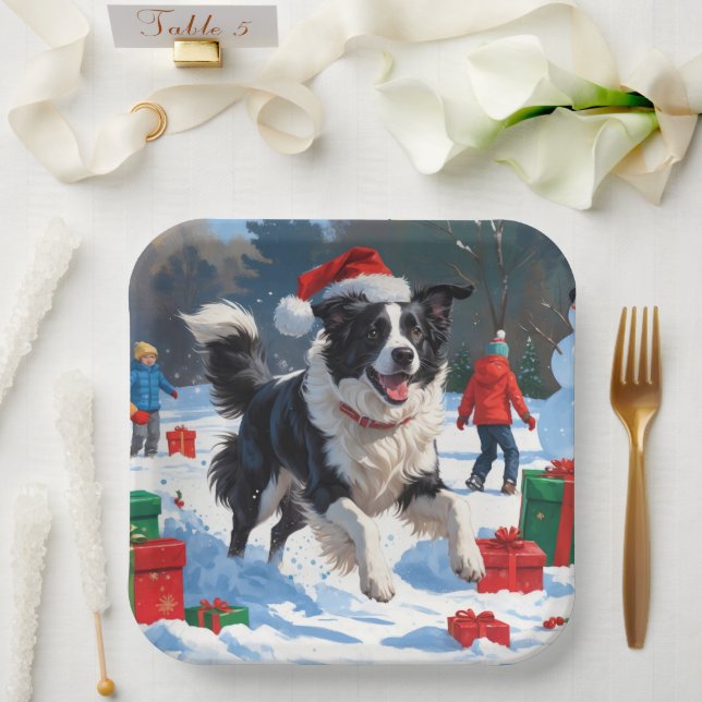 Assiettes En Carton Bordure Collie Noël Festive Scène de neige (Mariage)