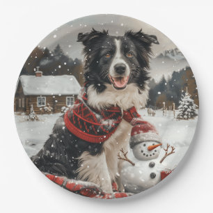Assiettes En Carton Bordure de Noël Collie Chien Snowman