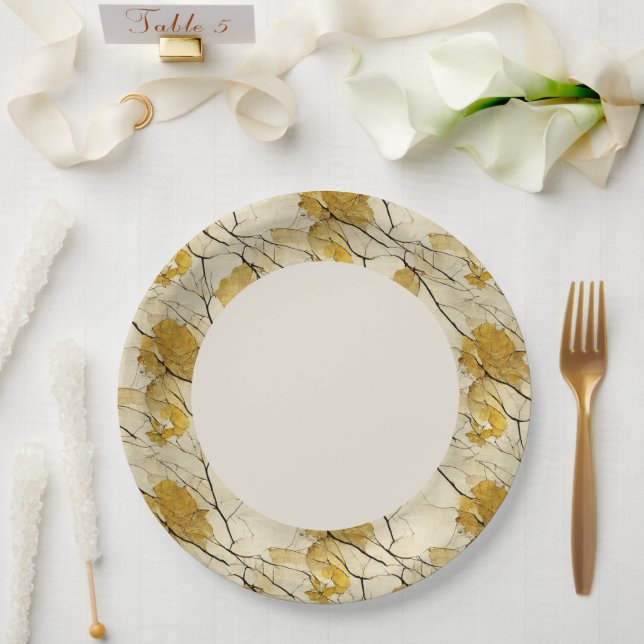 Assiettes En Carton Bordure feuille or Faux (Mariage)