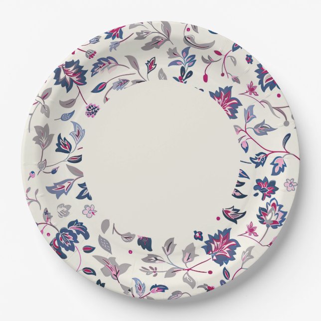 Assiettes En Carton Bordure rose et marine Paisley (Devant)
