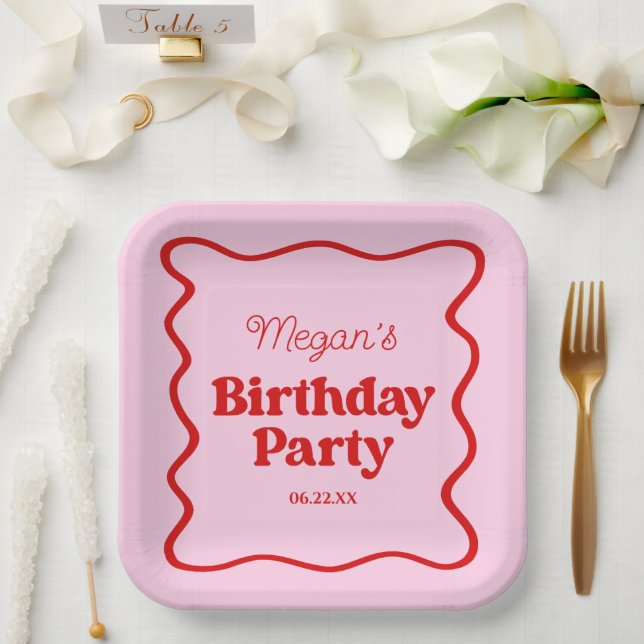 Assiettes En Carton Bordure rouge rose vague fête d'anniversaire (Mariage)