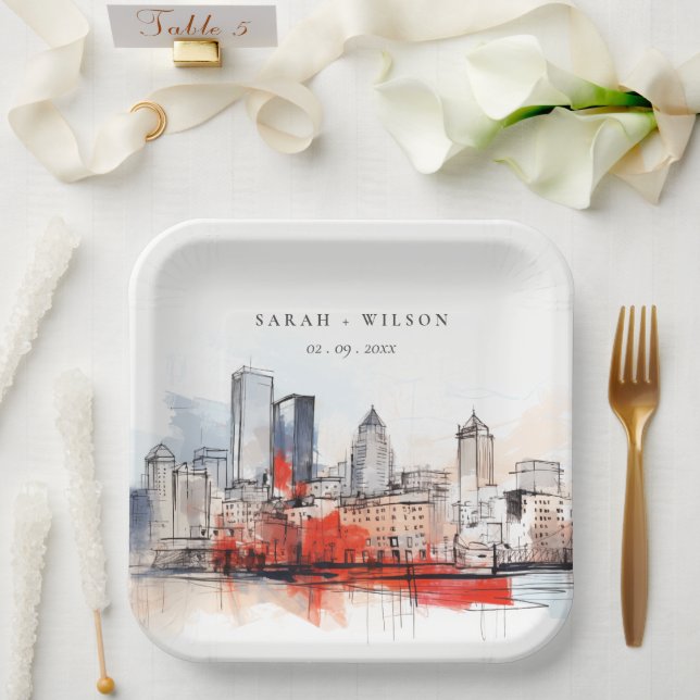 Assiettes En Carton Boston Massachusetts City Scape Mariage d'aquarell (Mariage)