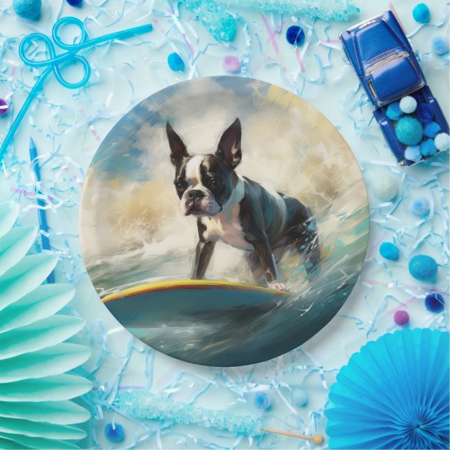Assiettes En Carton Boston Terrier Beach Surfing Peinture (Fête)