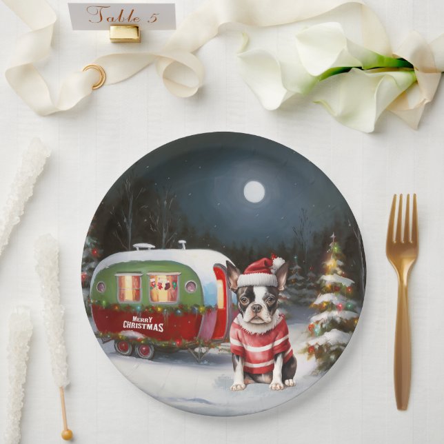 Assiettes En Carton Boston Terrier Caravan Christmas Adventure (Mariage)