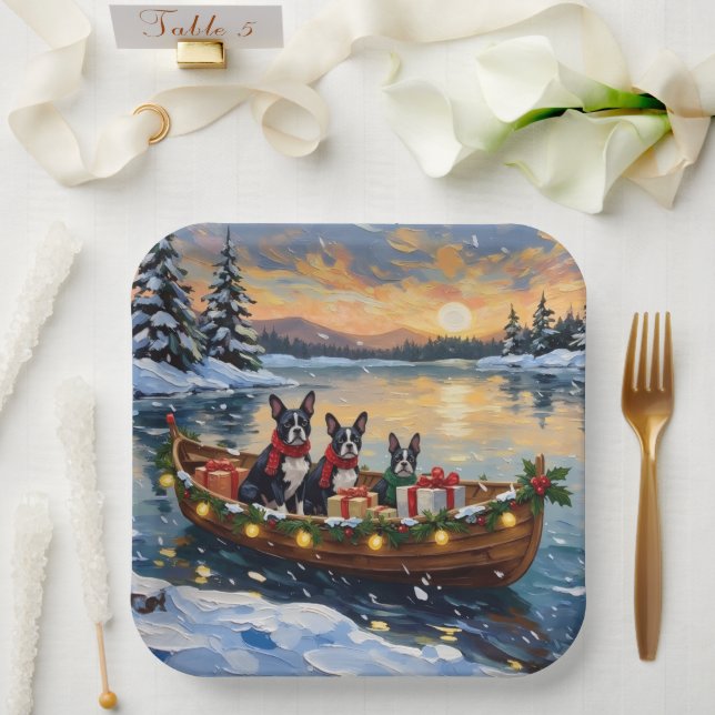 Assiettes En Carton Boston Terrier Christmas Boat Holiday (Mariage)