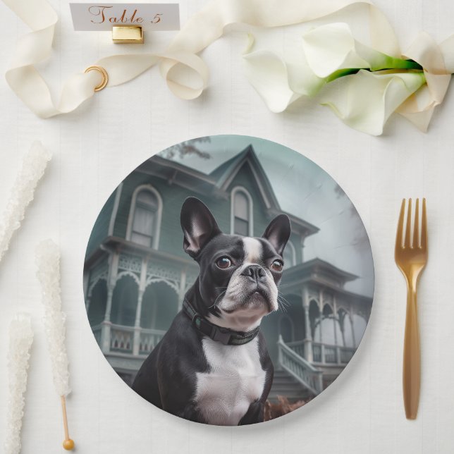 Assiettes En Carton Boston Terrier Halloween effrayant (Mariage)