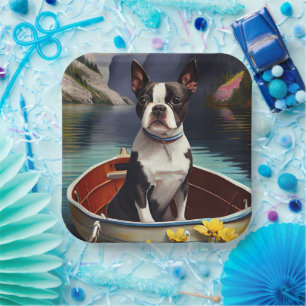 Assiettes En Carton Boston Terrier sur une rame : une aventure Pittore