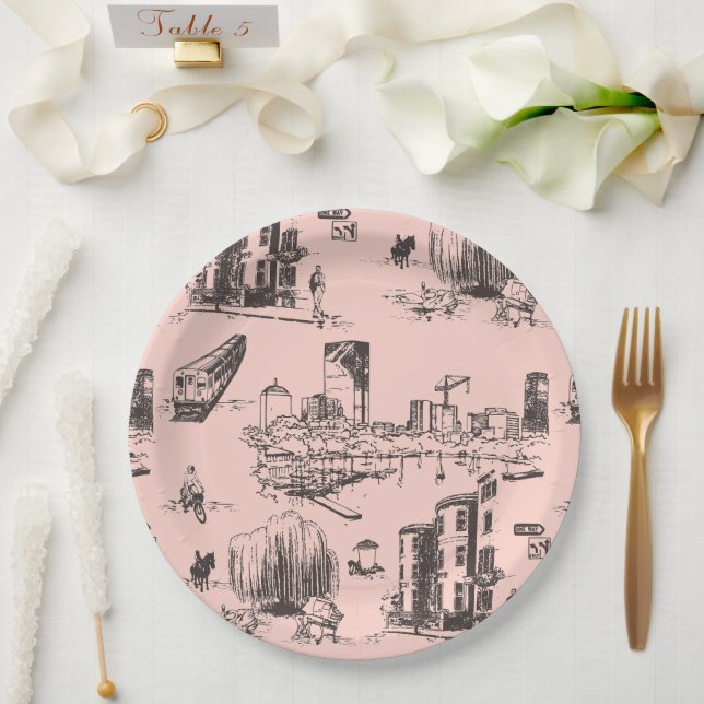 Assiettes En Carton Boston Toile rose et noir (Mariage)