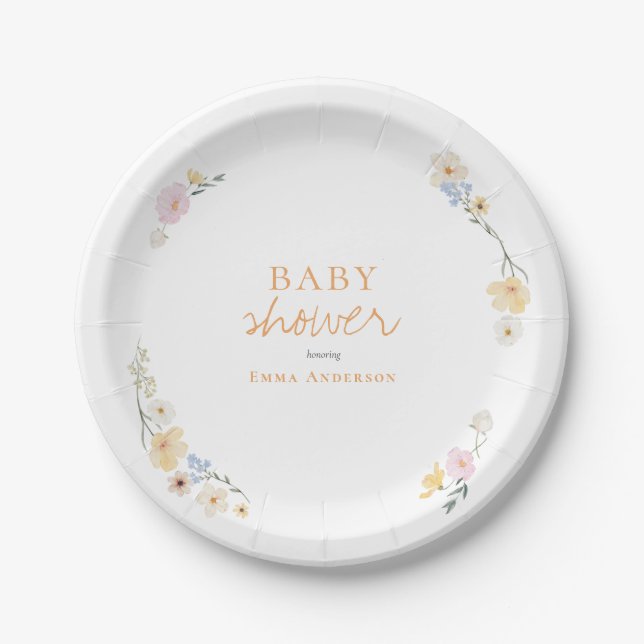 Assiettes En Carton Botanique Boho fleurs Script baby shower (Devant)