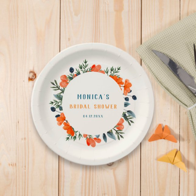 Assiettes En Carton Botaniques en fleurs Fête des mariées verte orange (Créateur téléchargé)