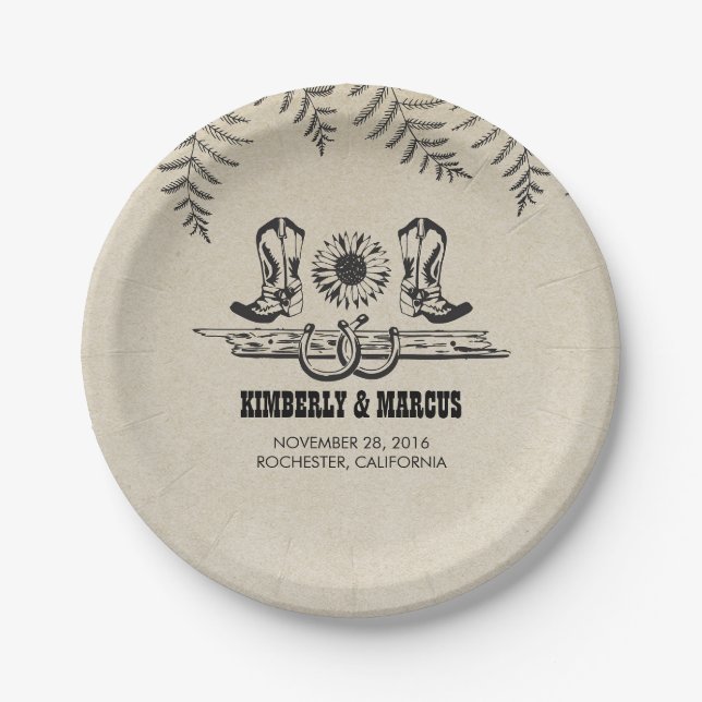 Assiettes En Carton Botte de Cowboy Mariage campagnard rustique (Devant)