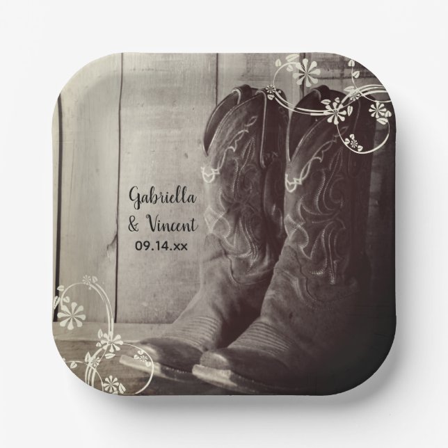Assiettes En Carton Botte rustique Cowboy Floral Mariage occidental (Recto)