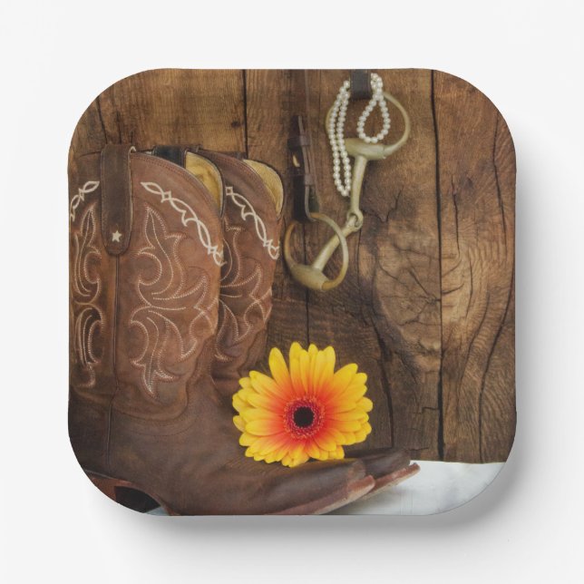 Assiettes En Carton Bottes de cowboy, marguerite et cheval Bit Western (Recto)