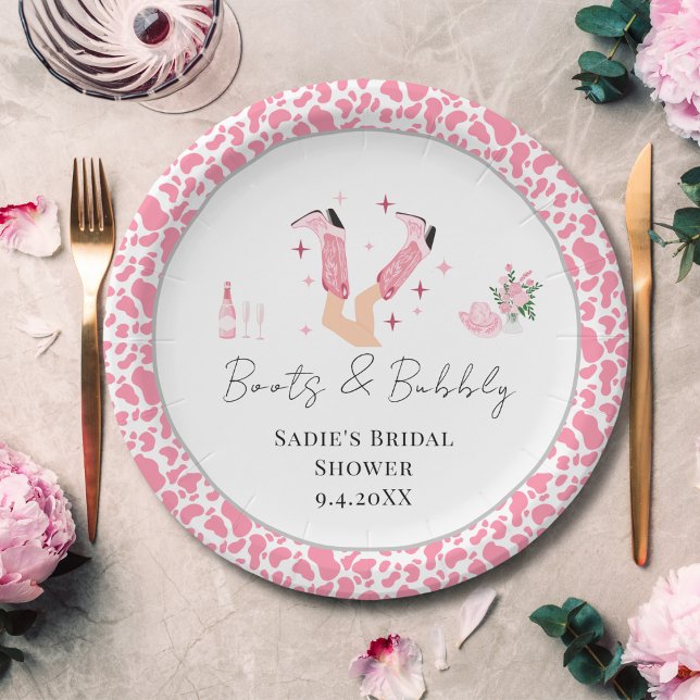 Assiettes En Carton Bottes de cowboy roses et douche de mariage pétill (Créateur téléchargé)
