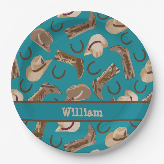 Assiettes En Carton Bottes de cowboy Western Casquette Turquoise Turqu (Devant)