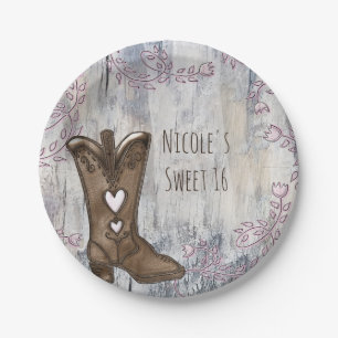 Assiettes En Carton Bottes roses rustiques mignonnes de cowgirl à coeu