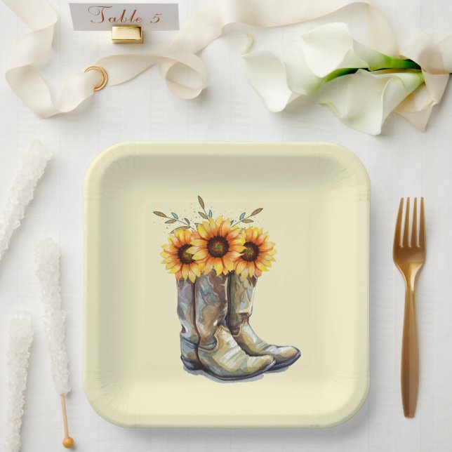 Assiettes En Carton Bottes rustiques Cowboy avec tournesol (Mariage)
