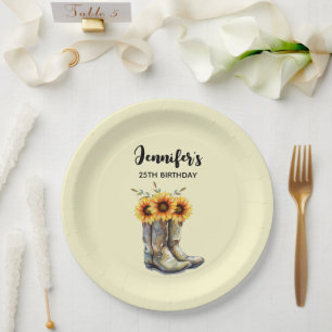Assiettes En Carton Bottes rustiques Cowboy avec tournesol Anniversair