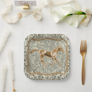 Assiettes En Carton Boucle de ceinture Western Gold Horse