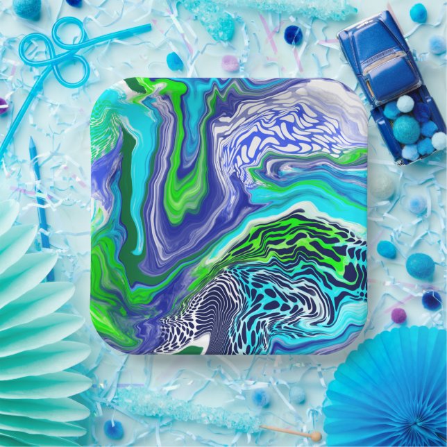 Assiettes En Carton Boucles de marbre bleu et vert citron papier d'ann (Fête)