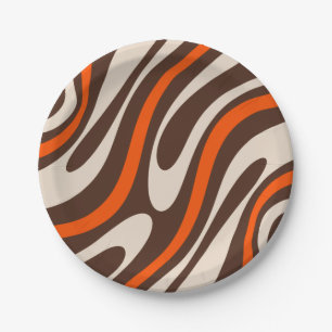 Assiettes En Carton Boucles Wavy Retro Abstrait Motif Brown et orange