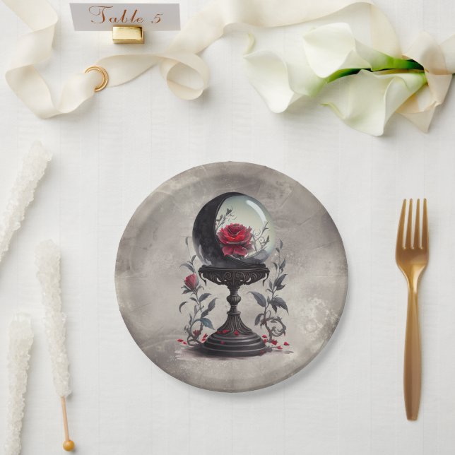 Assiettes En Carton Boudoir | Cristal Ball Croissant Lune Roses rouges (Mariage)