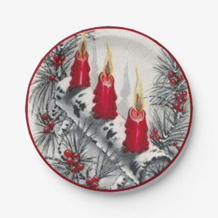 Assiettes En Carton Bougies rouges de Noël vintage Feuilles de pin Bai