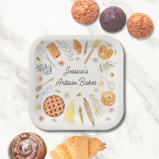 Assiettes En Carton Boulangerie de pâtisserie à l'aquarelle personnali (In situ)