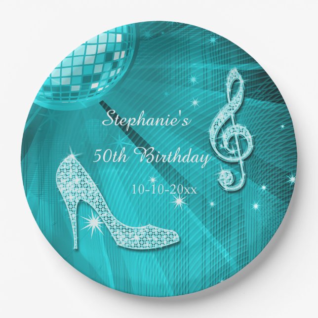 Assiettes En Carton Boule de disco d'Aqua et anniversaire de talons (Devant)