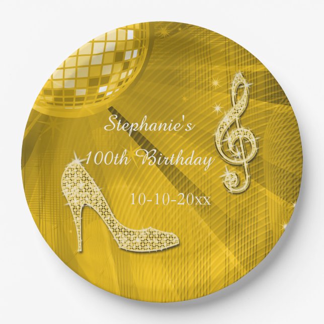Assiettes En Carton Boule de disco d'or et anniversaire de talons (Devant)